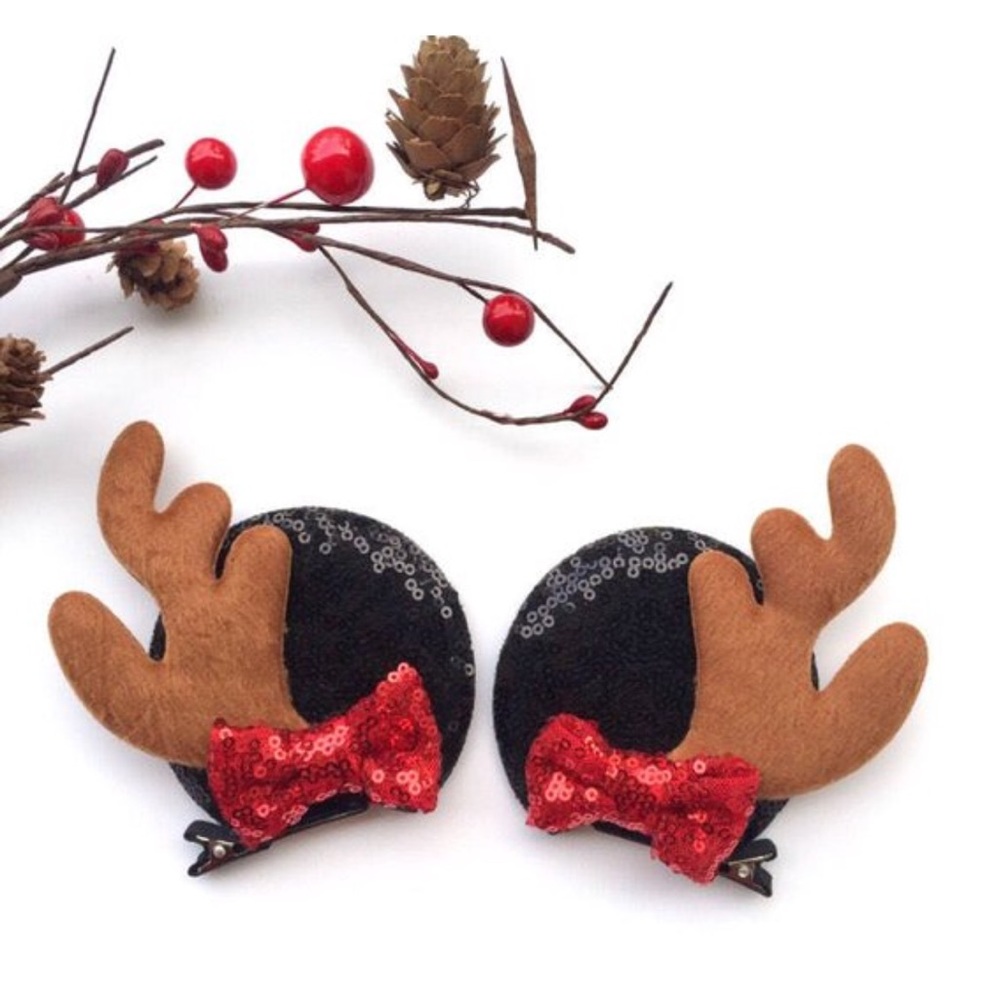 Festive Reindeer Hair Clips with Red Bow